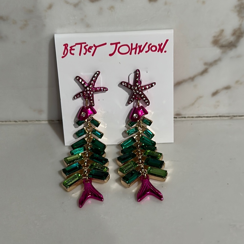 Betsey Johnson Gold Tone Fish Christmas Tree Chandelier Drop Earrings